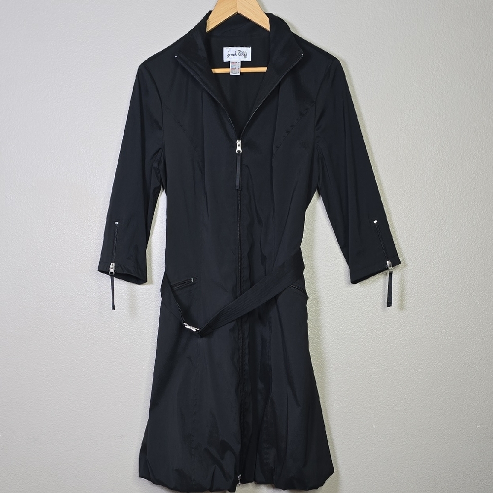 Joseph Ribkoff Black Bubble Hem Full Zip Belted Midi Dress 3/4 Sleeves Size  10.
